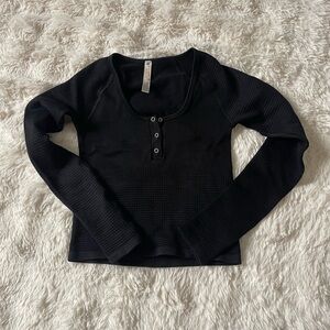 Free People Movement Black Waffle Knit Henley Long Sleeve Top XS/S